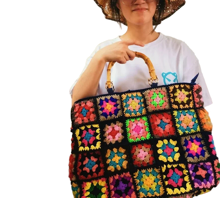 Kit borsa granny square etnica – set fai-da-te per borsa con perle, mano in legno, stile boho / woven, handbag artigianale
