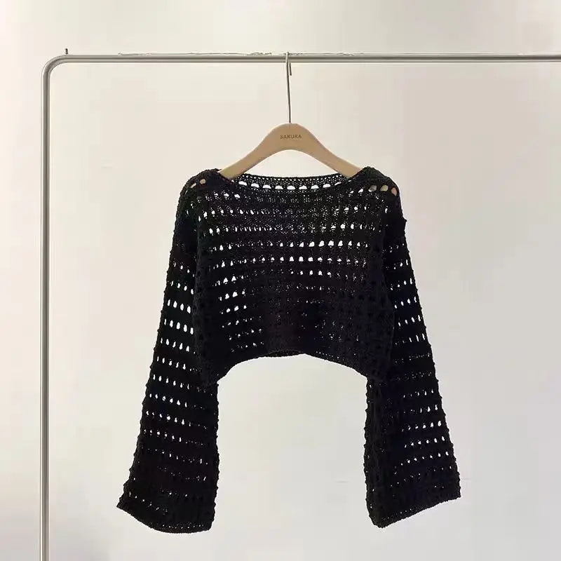 Top a manica lunga in maglia crochet donna –  boho chic trasparente