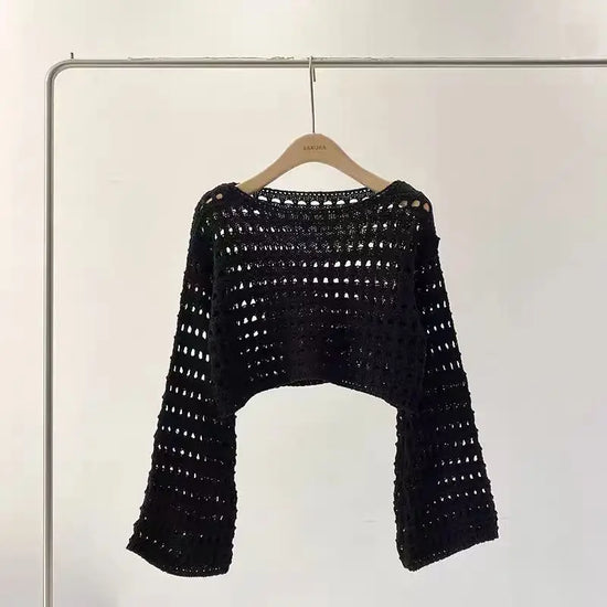 Top a manica lunga in maglia crochet donna –  boho chic trasparente