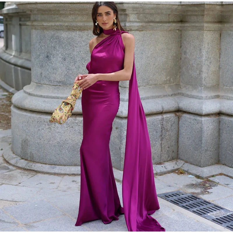 Abito da sera in raso con fiocco per donna – abito elegante schiena scoperta