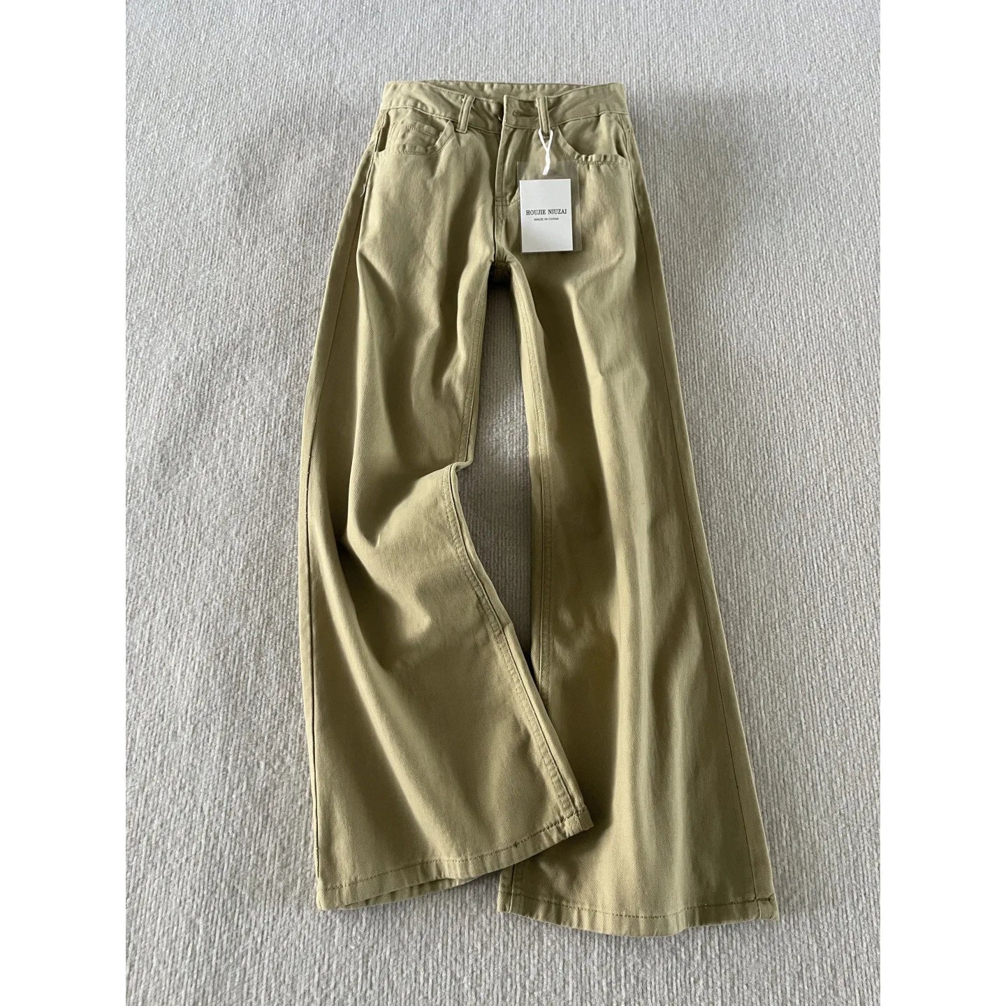 Jeans khaki a vita bassa da donna – stile retrò americano, gamba larga, lunghezza completa, micro flare, taglie comode, casual e confortevoli