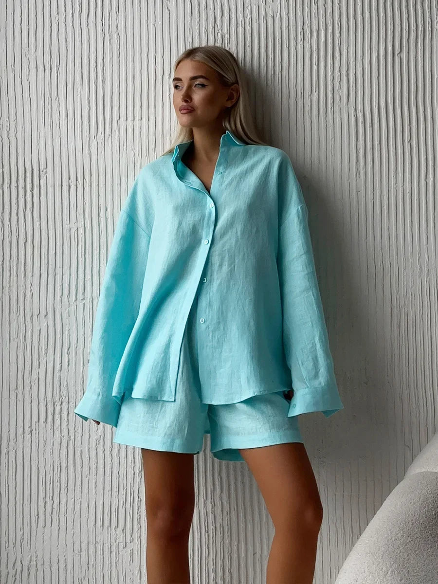 Completo donna Wolfeel 2025 – shorts vita alta in cotone e camicia con collo revers, casual summer