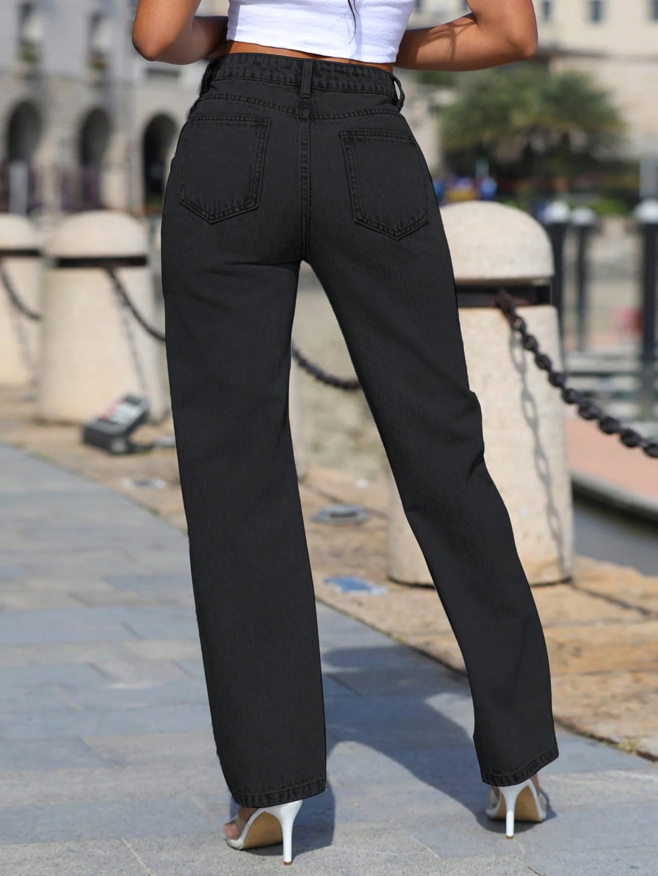 Jeans a zampa donna eleganti con perline | Vita alta, tasche, zip e bottone | Stile casual fashion