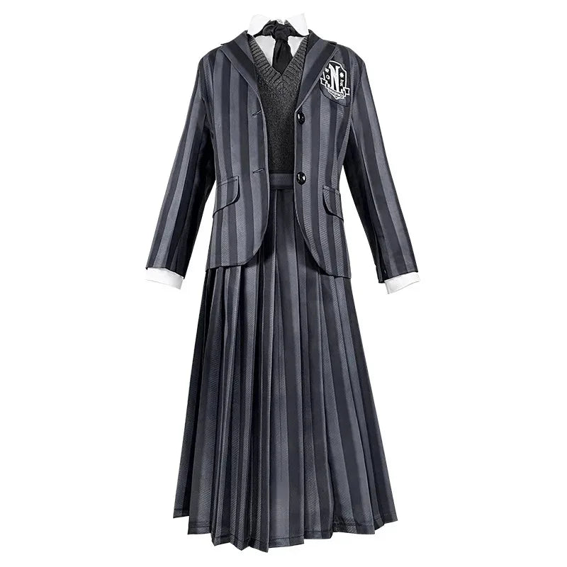 Costume università Mercoledi Addams 2025 – uniforme scolastica cosplay con giacca, gilet, gonna, perfetto per Halloween/adulti e bambini
