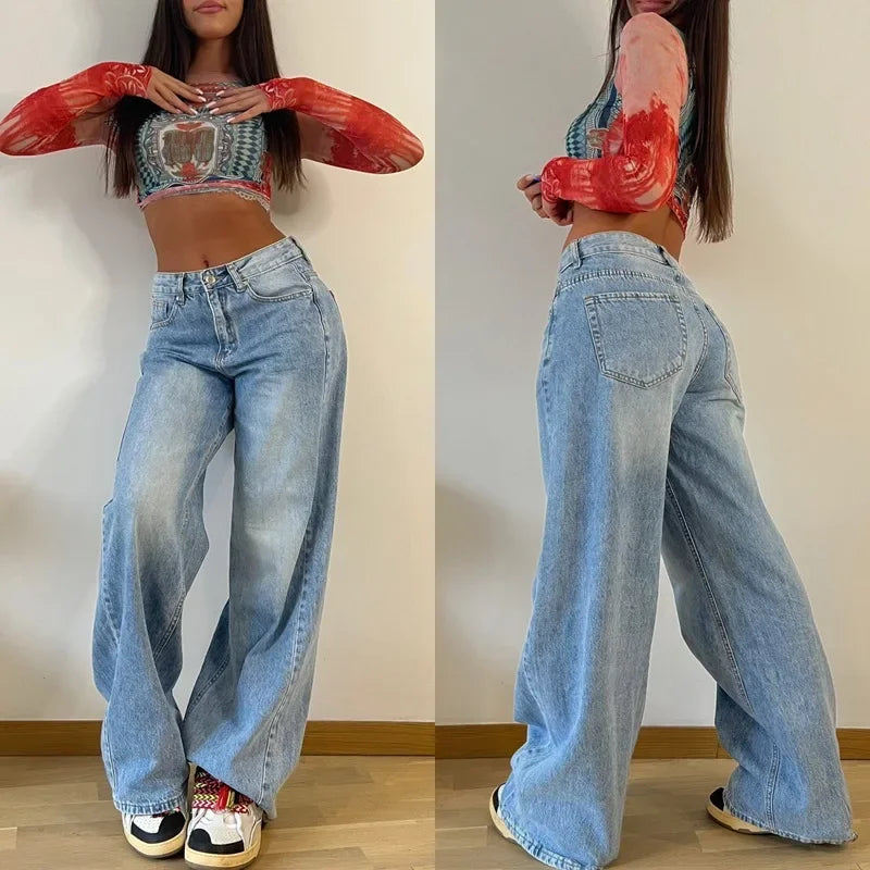 Jeans donna vita alta gamba larga stile retrò americano – pantaloni dritti casual chic
