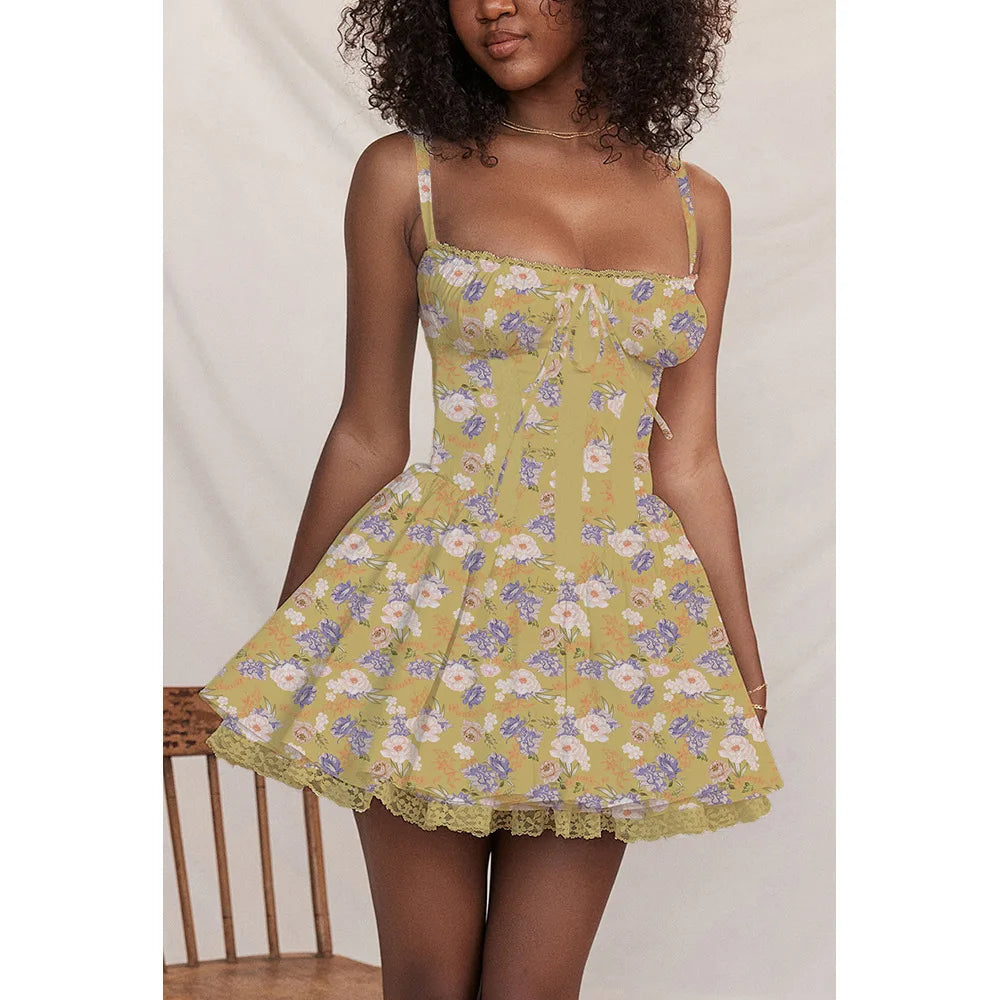 Mini Abito Corsetto in Pizzo Floreale – Estate 2025, Bianco/ Giallo/Rosso/Blu