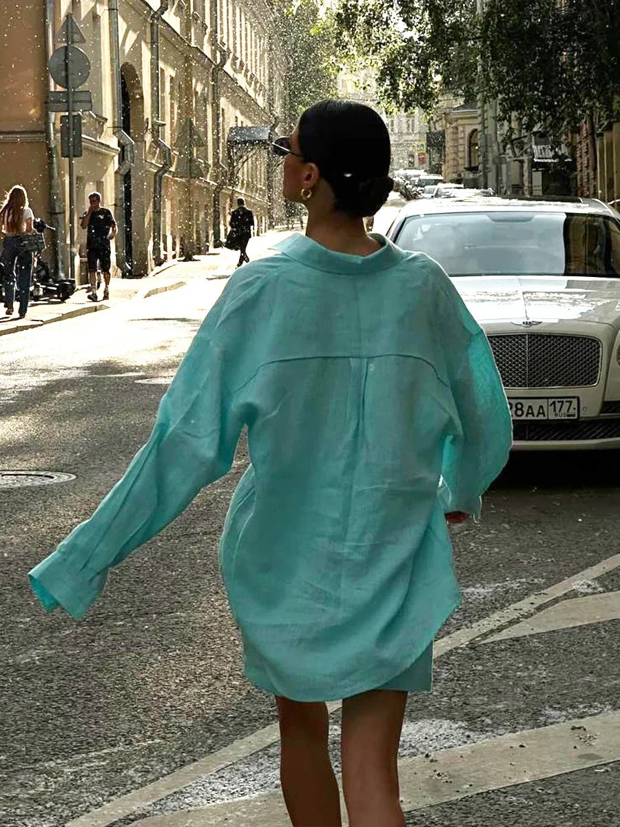 Completo donna Wolfeel 2025 – shorts vita alta in cotone e camicia con collo revers, casual summer