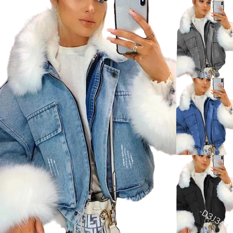 Giacca denim corta con collo in pelliccia sintetica donna – giubbotto fur collar trendy