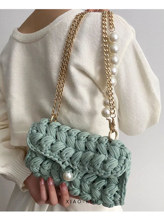 Borsa Donna Crochet a Spalla Uncinetto con Perle e Catena – Design Crossbody