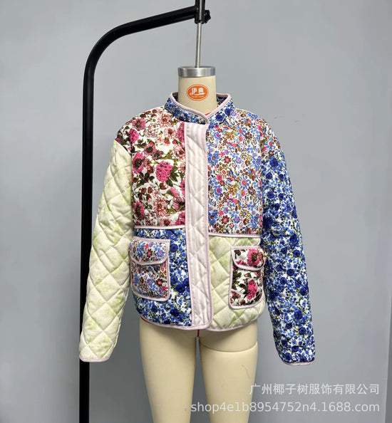 Giacca imbottita donna vintage patchwork floreale – Cappotto cotone con imbottitura, stile casual e warm streetwear
