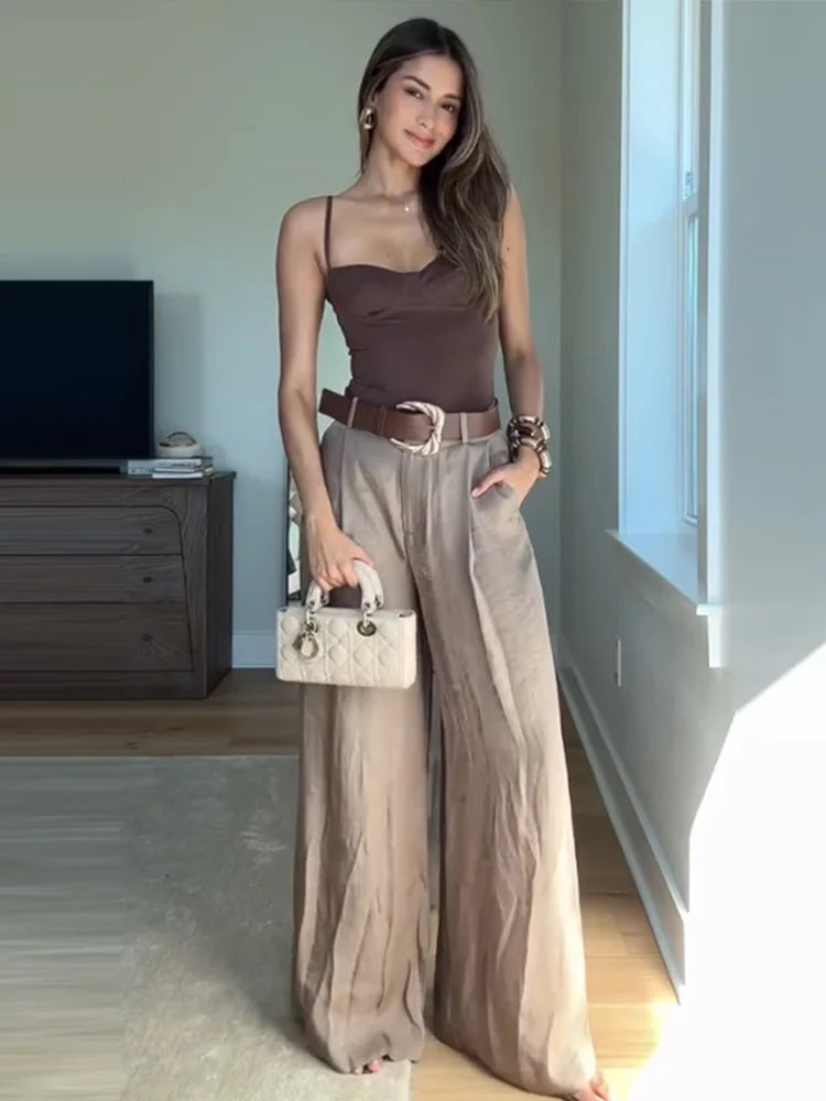 Completo donne 2025 – Pantaloni vita alta largo + body + top in coordinato con cintura inclusa