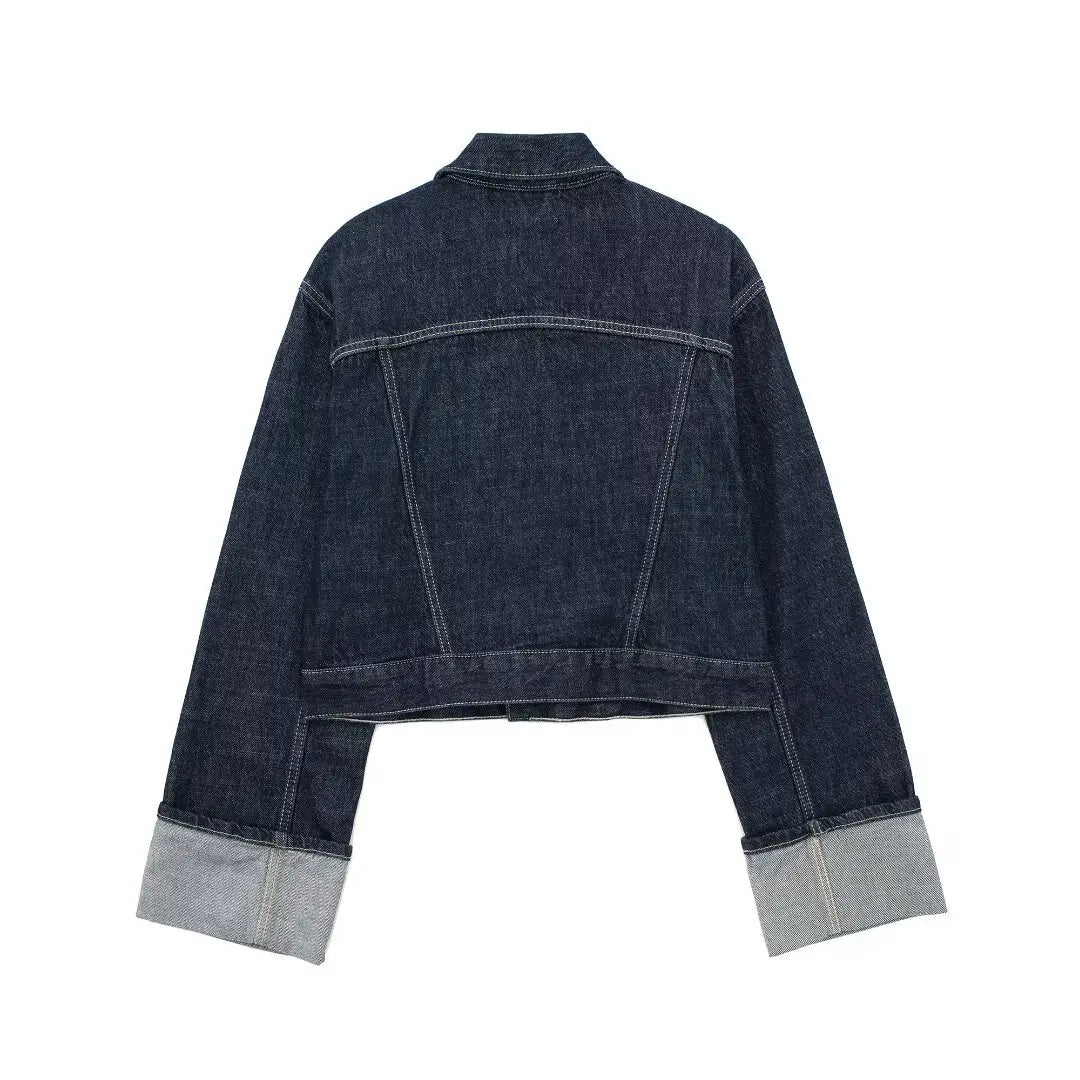 Giacca denim donna vintage 2025 – trench single-breasted con rever a collo, tasche & manica lunga blu scuro