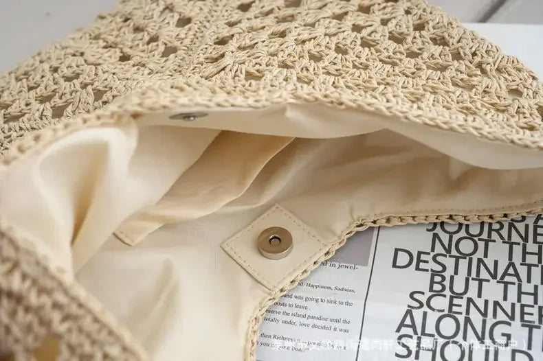 Borsa in paglia intrecciata traforata – straw hollow-out shoulder bag con tasca per smartphone, ideale per viaggio e shopping