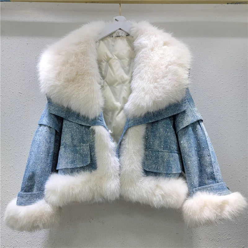 Parka imbottito donna con collo in pelliccia sintetica volpe + perline & strass – giacca elegante con beading