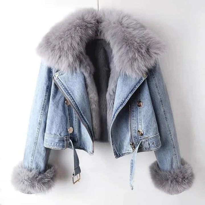 Giacca in denim con colletto in pelliccia di volpe sintetica per donna – Giacca corta imbottita con fodera in pelliccia di coniglio, per l'inverno