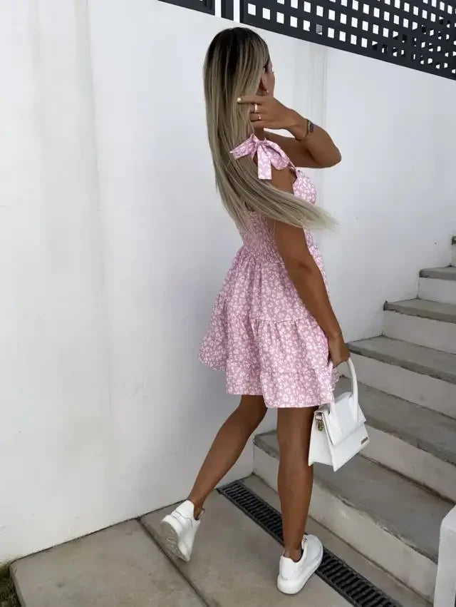 Abito mini estivo 2025 con stampa, scollo halter, spalline regolabili – Vestito donna fresco e unico