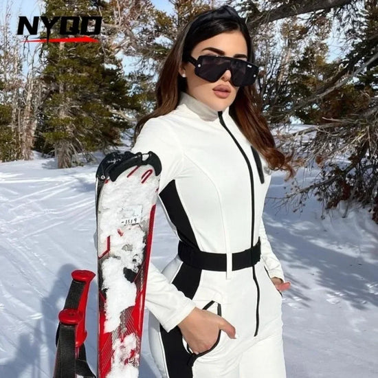 Tuta da sci donna manica lunga impermeabile e antivento – tuta intera patchwork elegante per snowboard e sci invernale
