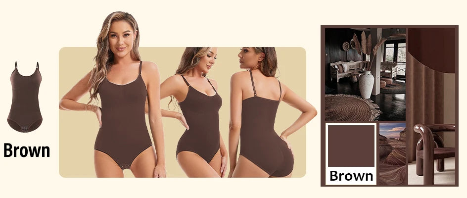 Body modellante a compressione senza cuciture per donna con spalline regolabili – nude, nero, marrone