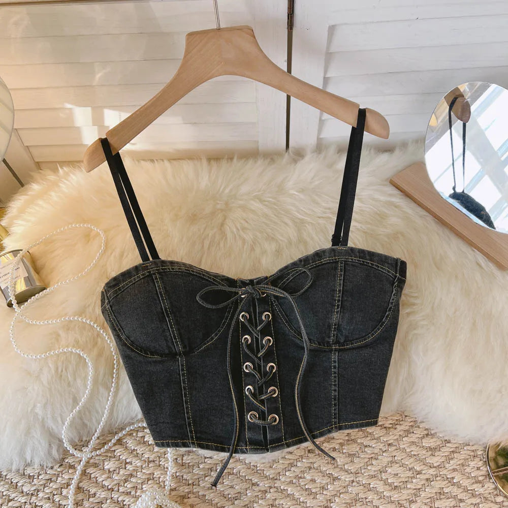 Top Denim Corsetto con Reggiseno Integrato – Crop Top Donna