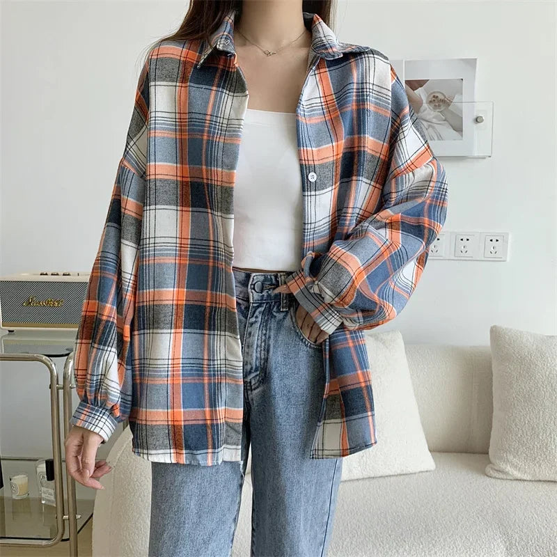 Camicia a quadri donna autunno 2025 – camicia manica lunga stile preppy vintage, taglio loose, single-breasted
