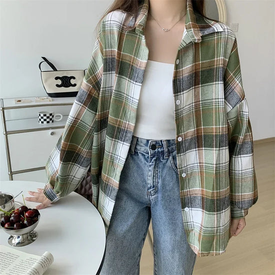 Camicia a quadri donna autunno 2025 – camicia manica lunga stile preppy vintage, taglio loose, single-breasted