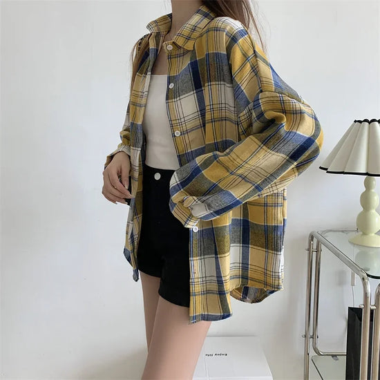 Camicia a quadri donna autunno 2025 – camicia manica lunga stile preppy vintage, taglio loose, single-breasted