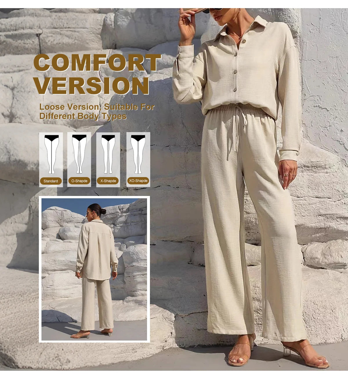 Set donna primavera–estate 2025 – camicia con bottoni e pantaloni wide-leg a vita alta