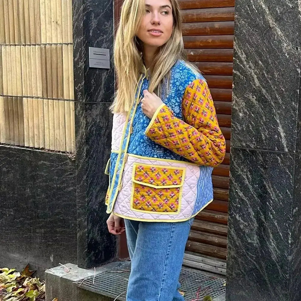 Giacca imbottita donna vintage patchwork floreale – Cappotto cotone con imbottitura, stile casual e warm streetwear