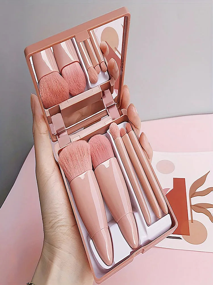 Set Pennelli Trucco Portatile 5 pezzi con Specchio – Kit Makeup da Viaggio