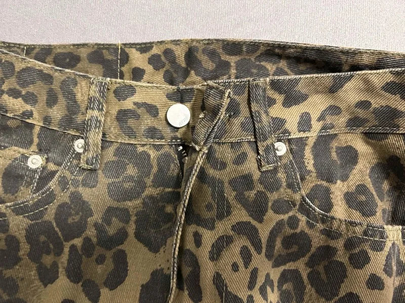 Jeans baggy vita alta leopardato donna – pantaloni oversize Y2K da strada con tasche casual