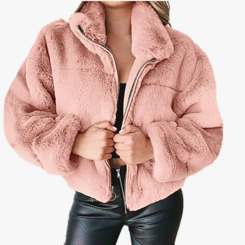 Cappotto corto donna in peluche oversize 2025 – cardigan faux fur con zip, caldo inverno cosy & fashion