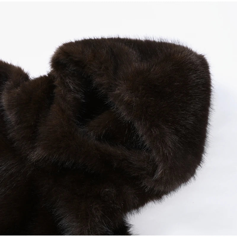 Felpa donna effetto pelliccia marrone con cappuccio