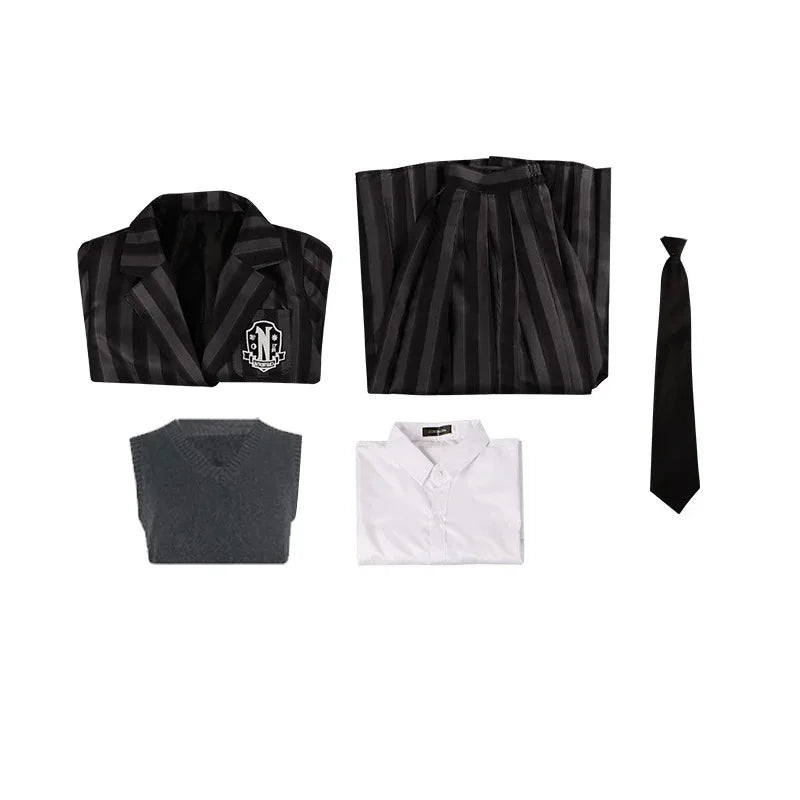 Costume università Mercoledi Addams 2025 – uniforme scolastica cosplay con giacca, gilet, gonna, perfetto per Halloween/adulti e bambini