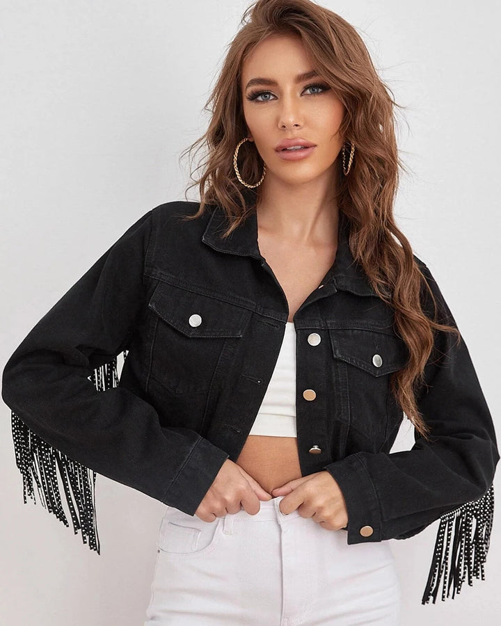 Giacca di jeans cropped con frange e strappi – giacca donna in stile western e boho
