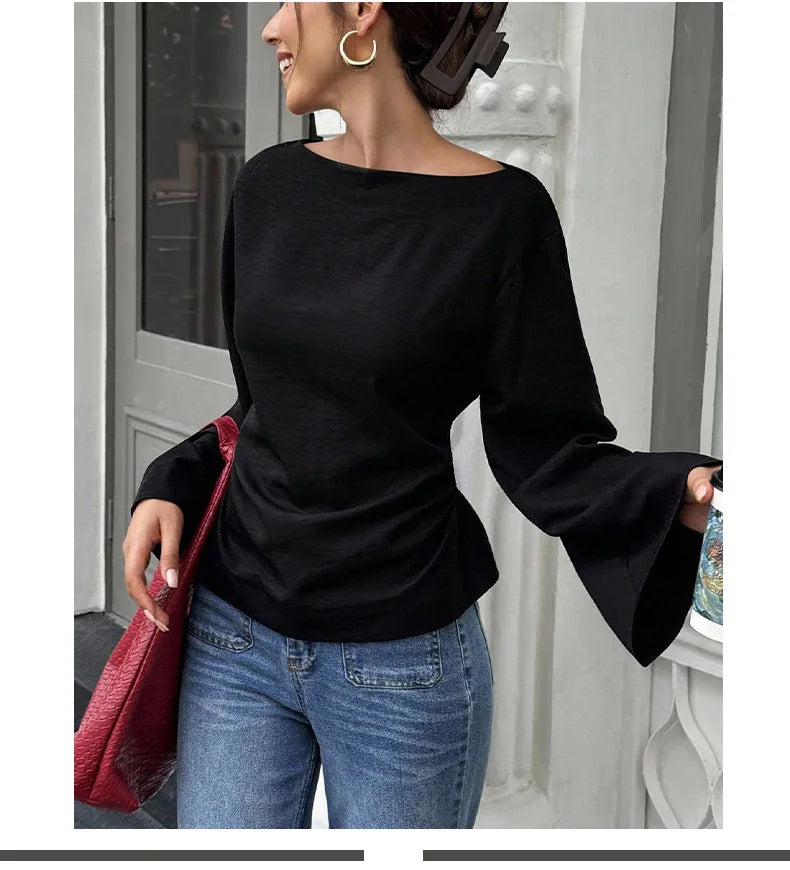 Maglia nera manica lunga con cappuccio da donna – stile elegante per pendolarismo, primavera/autunno, colore puro, poliestere, scollo rotondo