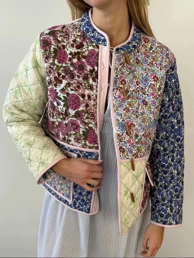 Giacca imbottita donna vintage patchwork floreale – Cappotto cotone con imbottitura, stile casual e warm streetwear
