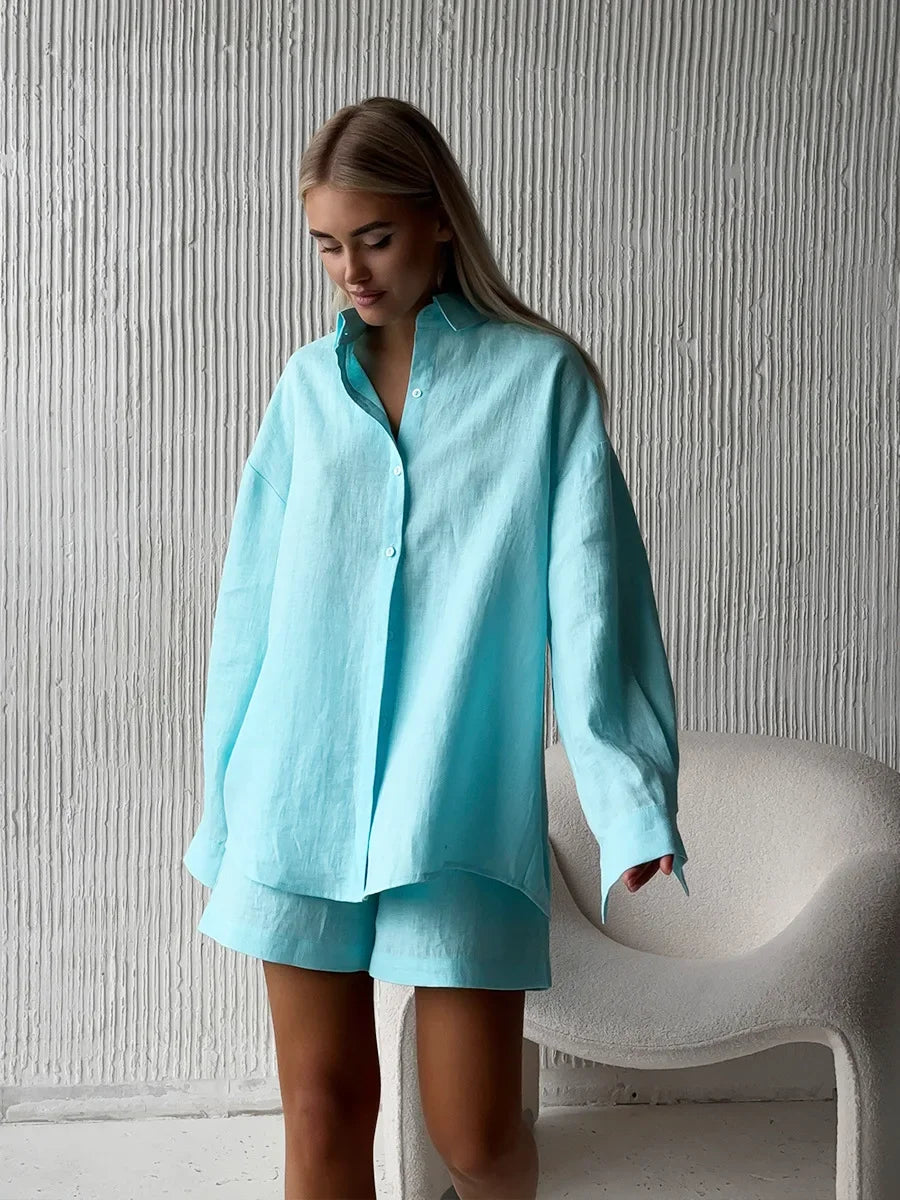 Completo donna Wolfeel 2025 – shorts vita alta in cotone e camicia con collo revers, casual summer