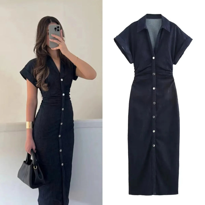 Vestito midi in denim “1975 Series” – abito donna con rever, zip laterale e vita effetto plissé