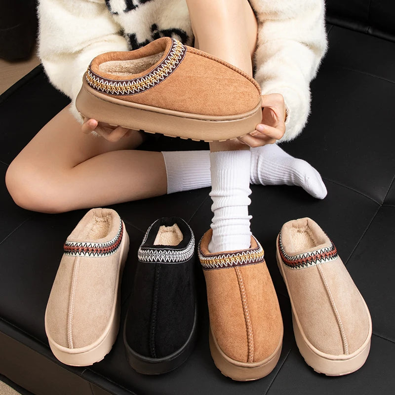 Slippers donna invernali ricamate antiscivolo ‒ pantofole plush indoor/outdoor con suola spessa e bordo caldo per l’inverno 2025