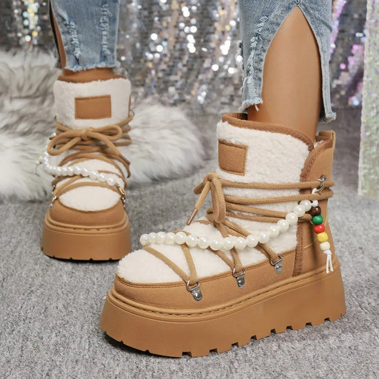 Stivali da neve donna invernali pelliccia – short boots imbottiti lamb-fur, punta tonda, stile retrò per città e montagna