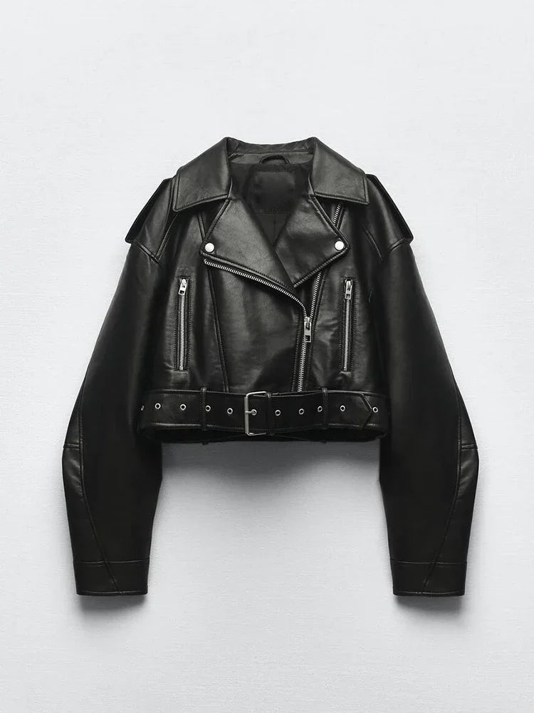 Giacca oversize in ecopelle da donna con cintura – bomber biker vintage streetwear