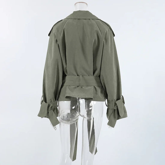 Trench coat corto con lacci per donna – Giacca a maniche lunghe, colletto a revers, abbottonatura singola, stile casual elegante per la primavera/autunno 2025