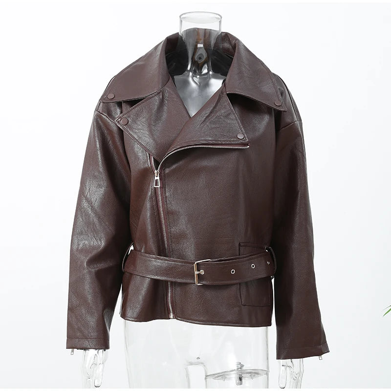Giacca bomber donna marrone vintage con collo a rever, cintura e zip ‒ outerwear street chic autunno/inverno 2025