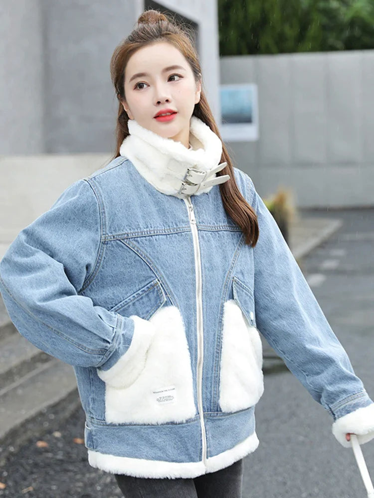 Giacca denim imbottita con pile fissato 2025 – giubbotto baggy da donna con colletto alto e interno caldo