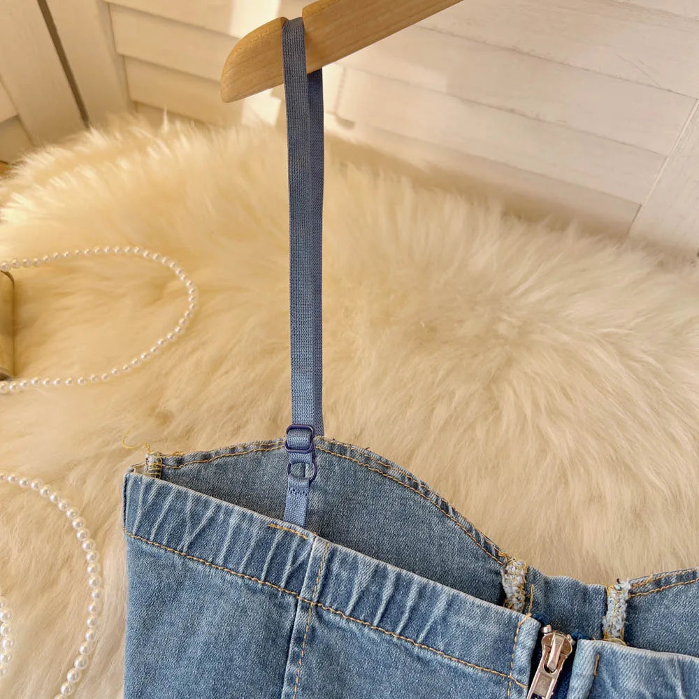 Top Denim Corsetto con Reggiseno Integrato – Crop Top Donna