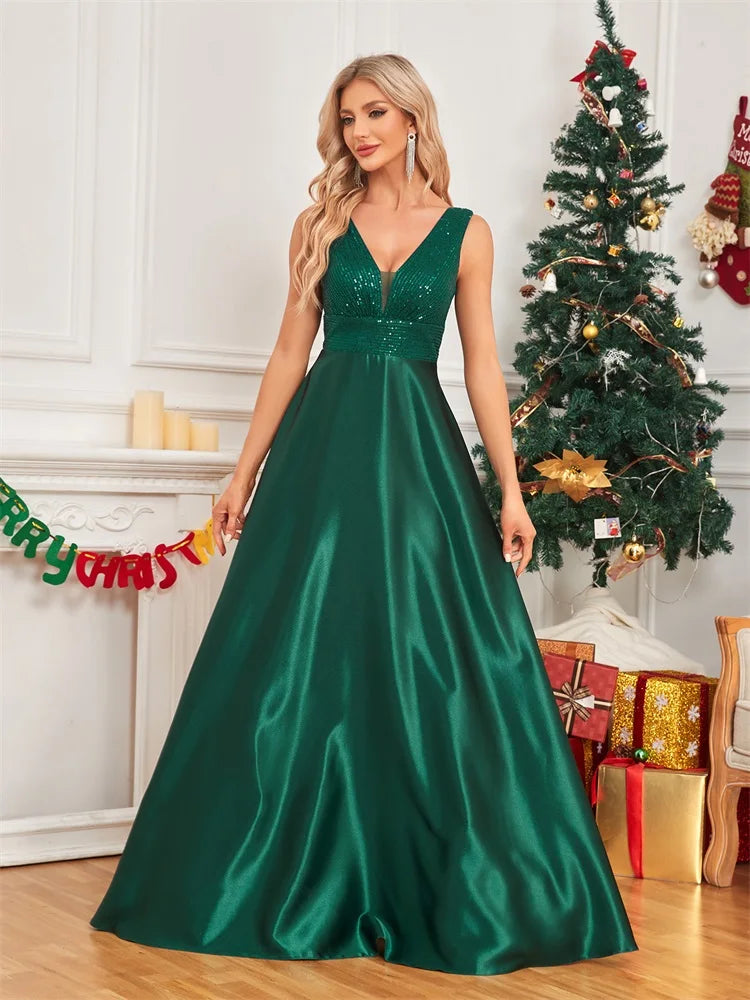 Abito Lungo Elegante Donna con Paillettes e Scollo V – Vestito Cerimonia Matrimonio