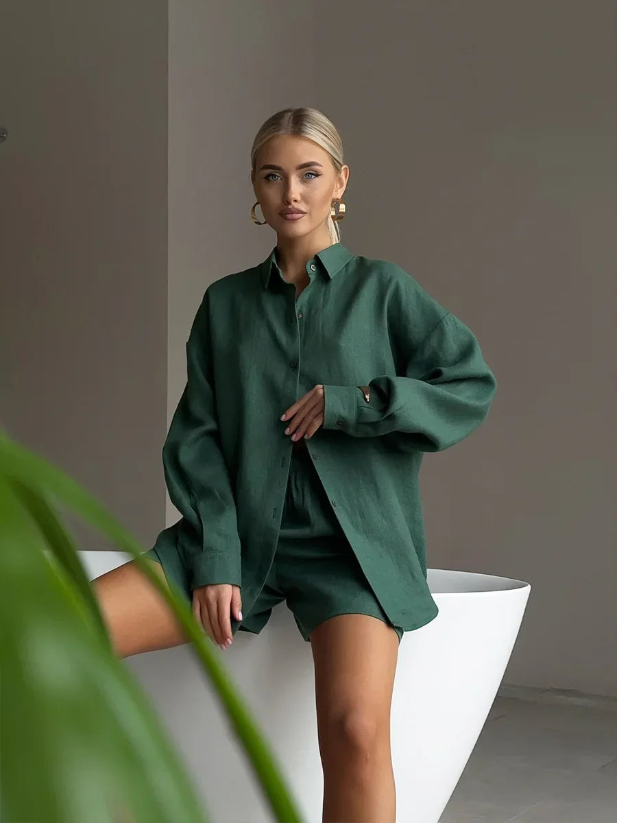 Completo donna Wolfeel 2025 – shorts vita alta in cotone e camicia con collo revers, casual summer
