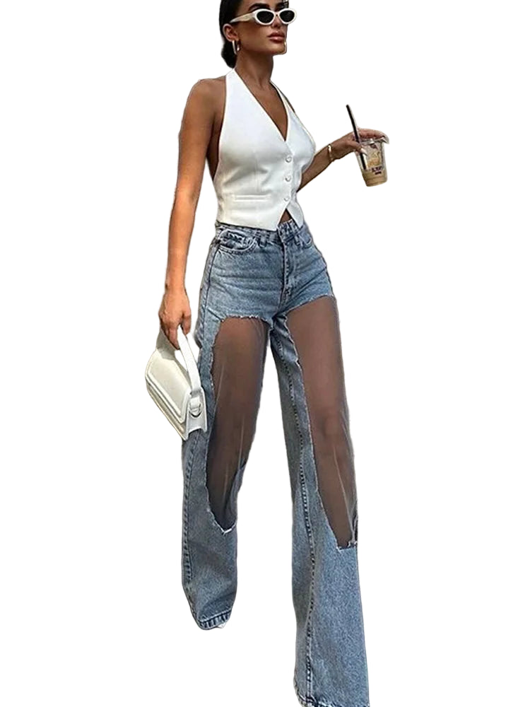 Jeans donna 2025 con pannelli mesh al ginocchio – denim hip-hop a vita alta, stile streetwear trasparente