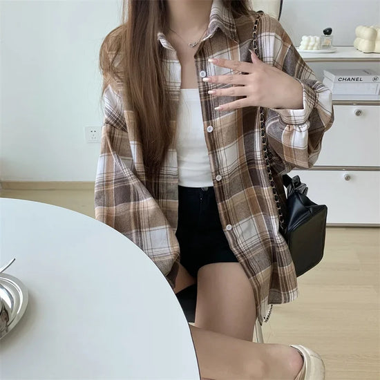 Camicia a quadri donna autunno 2025 – camicia manica lunga stile preppy vintage, taglio loose, single-breasted