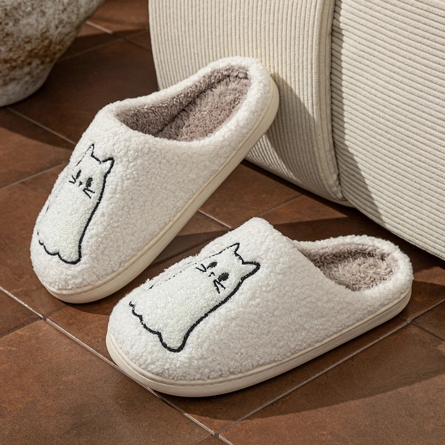 Ciabatte da casa donna 2025 – pelose con ricamo gatto, antiscivolo, perfette per inverno indoor cozy